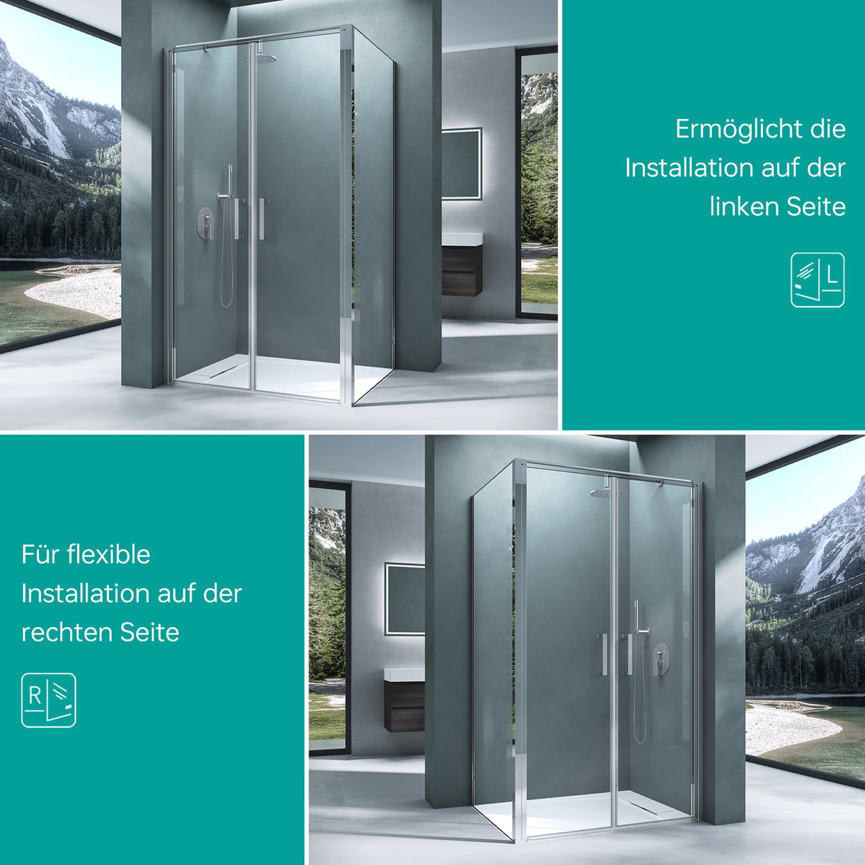 glasvilla Cabina de Ducha Cromo y Negro Separación de Ducha con Puerta Abatible Mecanismo de Elevación y Bajada 8mm Vidrio de Seguridad ESG Recubrimiento Nano Ravenna66K