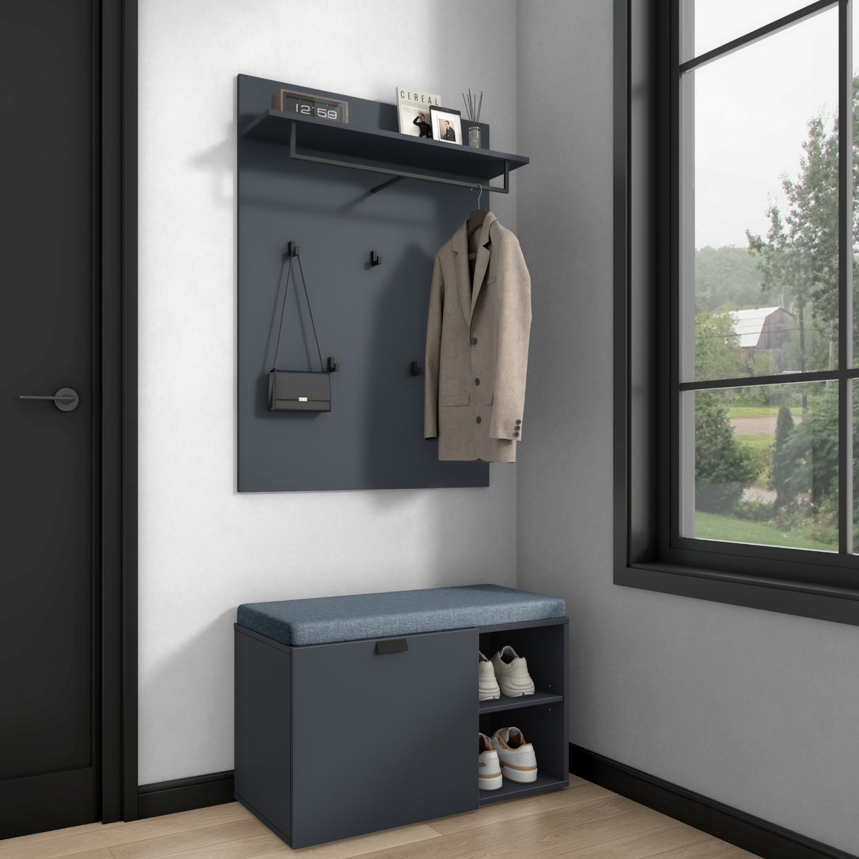 glasvilla Schuhbank mit Sitzfläche, Schuhregal mit Schiebetüren und offenen Fächern, gepolsterter Sitz, verstellbare Ablagen 80x37x50cm Zitta-01