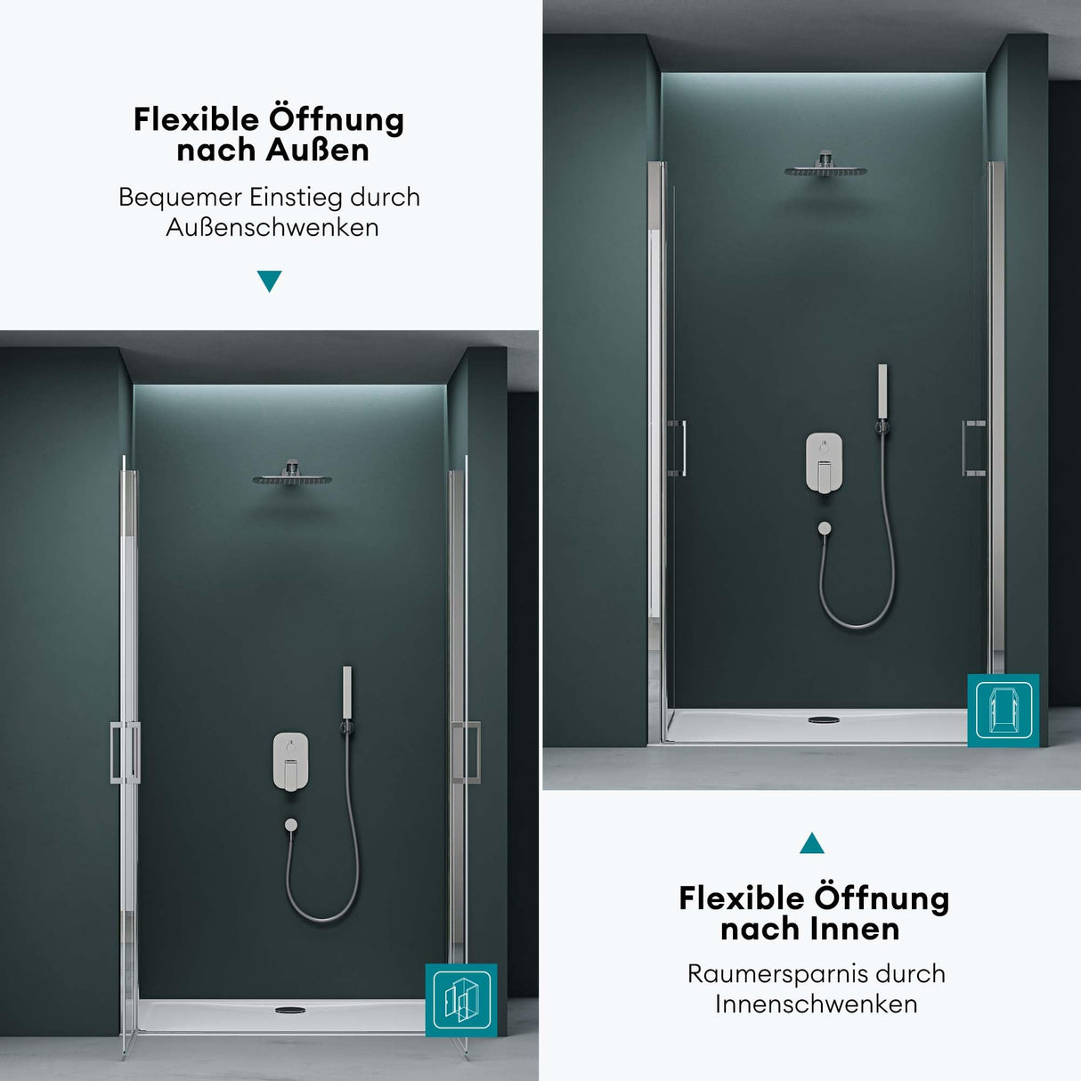 glasvilla Duschtür Nischentür dusche Duschabtrennung Duschkabine Schwingtür 180° Doppeltür 6mm ESG Nano-Beschichtung Klarglas/Satiniert Streifen/Vollsatiniert mit Hebe- und Senkmechanismus Teramo24K+MS+VS