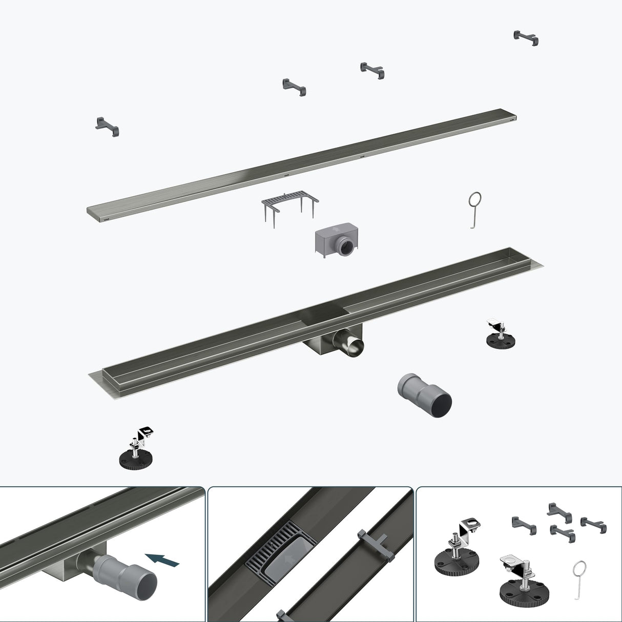 glasvilla Duschrinne desagüe de suelo de acero inoxidable | conjunto completo de canal de desagüe para baño | desagüe apto para azulejos 35L/min | filtro de pelo KE110