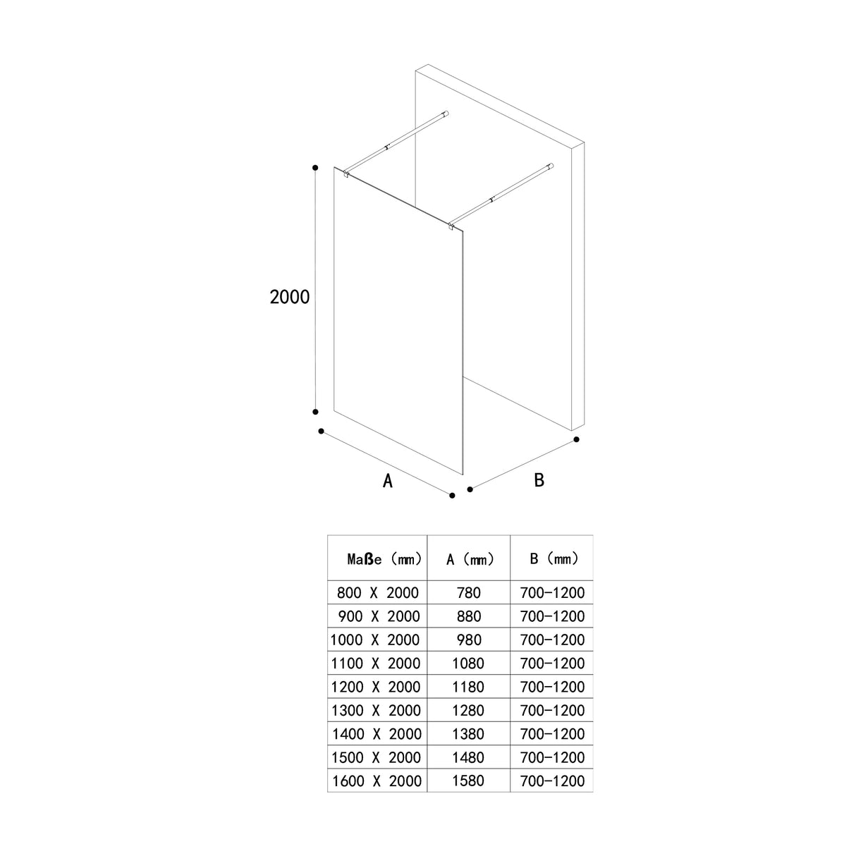 glasvilla Mampara de ducha Separación de ducha 2 Barra de soporte para ducha a ras de suelo 10mm vidrio de seguridad ESG con recubrimiento nano Estabilizador rectangular Bremen02+2