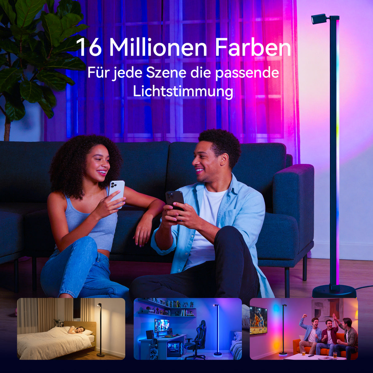 glasvilla Wohnzimmer Dimmbar mit Leselampe, RGBICWW LED Stehlampe mit Warmweiß & 16 Mio. Farben, App & Fernbedienung, 270° Licht, Musik-Sync, für Schlafzimmer Gaming, Lineora-02