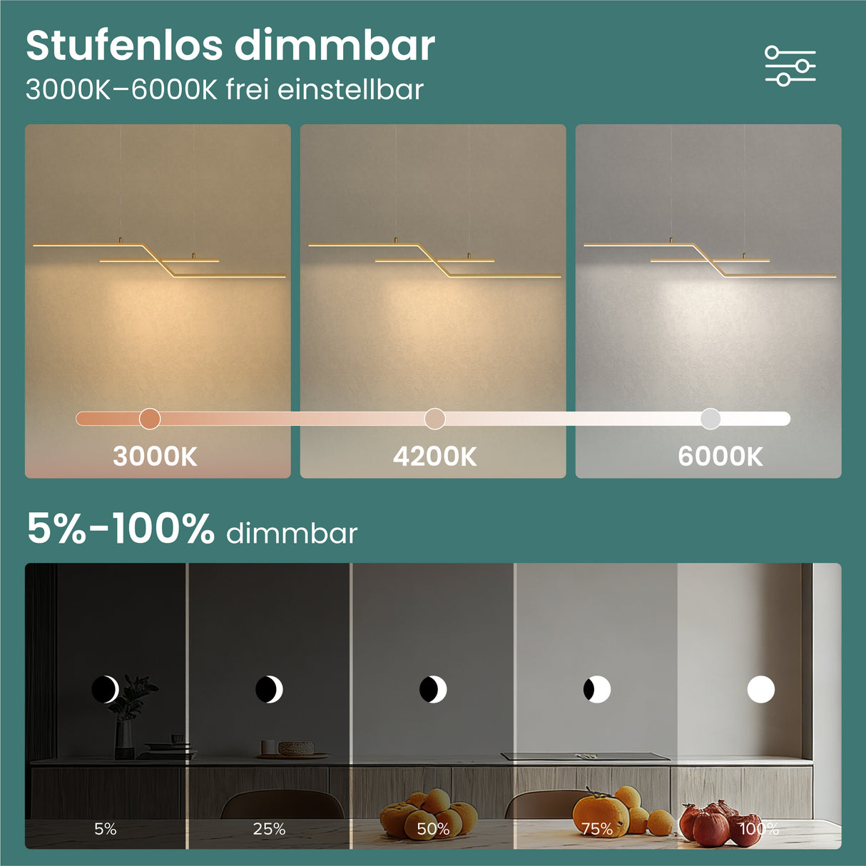 glasvilla Pendelleuchte 105cm LED Hängelampe Linear design 3000K/4000K/6000K Verstellbares Kabel 18W Hängeleuchte Alivetta7085 Luvina10