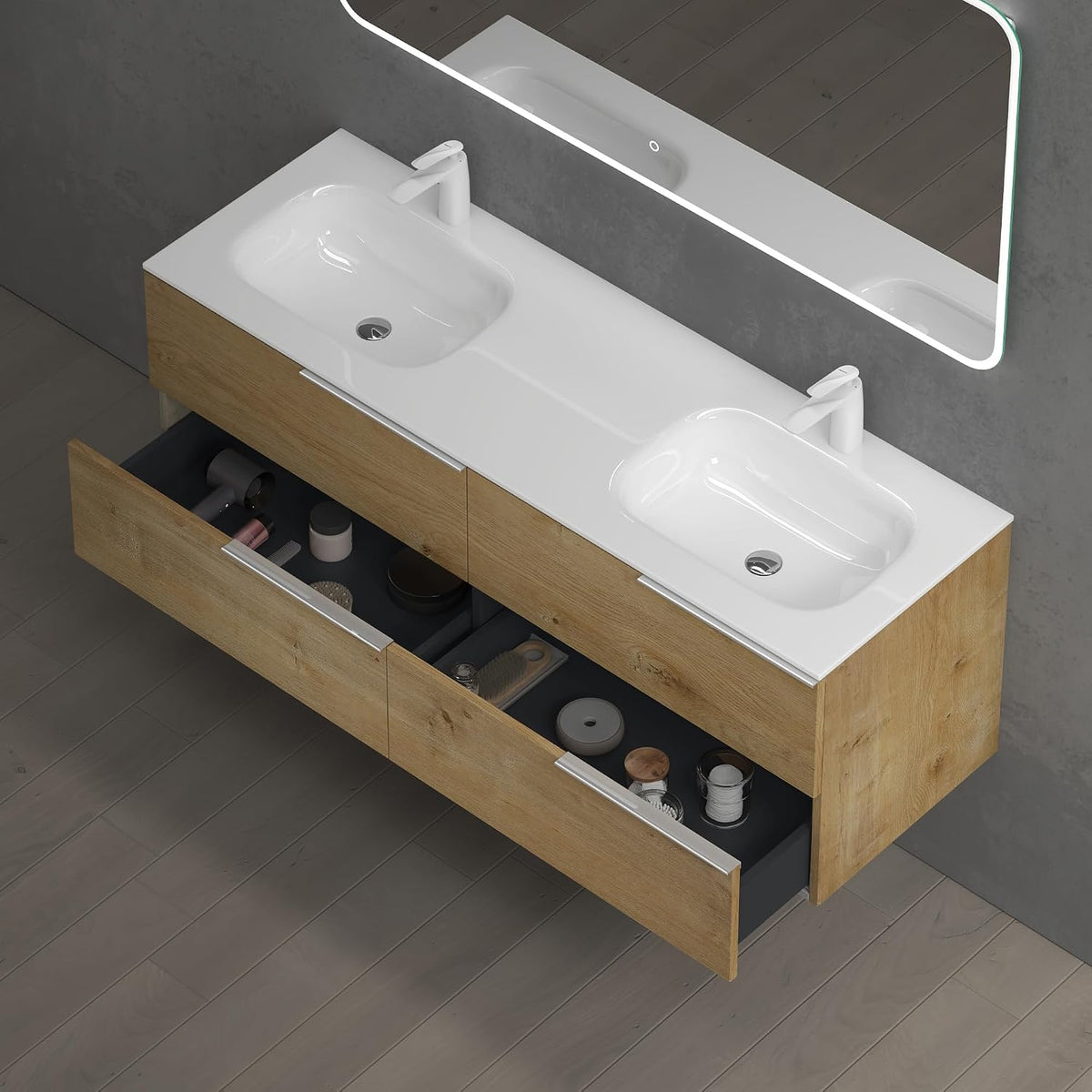 glasvilla Waschbeckenunterschrank 4 Schubladen Kerneiche mit Doppelwaschbecken BTH: 144x48x52cm Vanessa