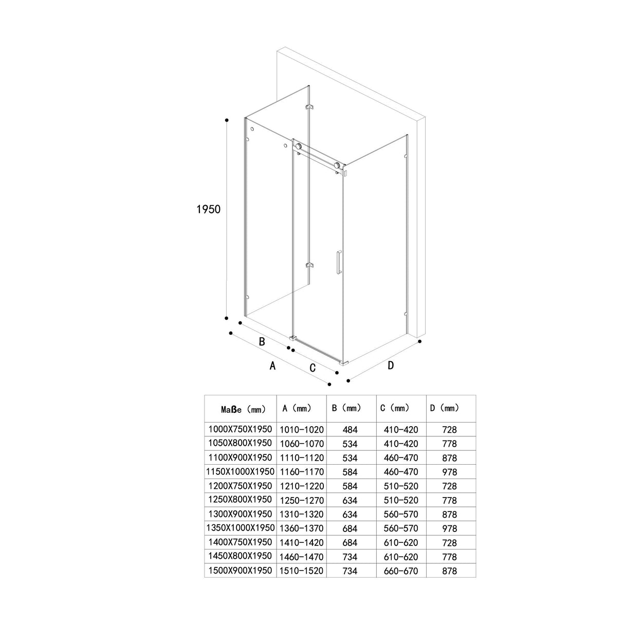 glasvilla U-Form Cabina de Ducha Sin Marco 195cm Puerta Corredera Separación de Ducha 8mm ESG Nano Cristal Claro Soporte de 4 Puntos Mampara de Ducha Rav17-2UK