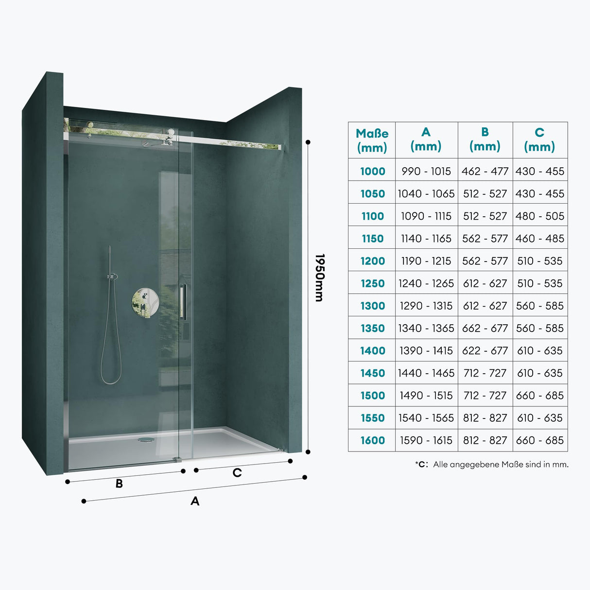 glasvilla Duschtür Nischentür dusche Duschabtrennung Duschkabine 8mm Sicherheitsglas mit Nanobeschichtung Schiebetür Höhe:195cm Teramo04