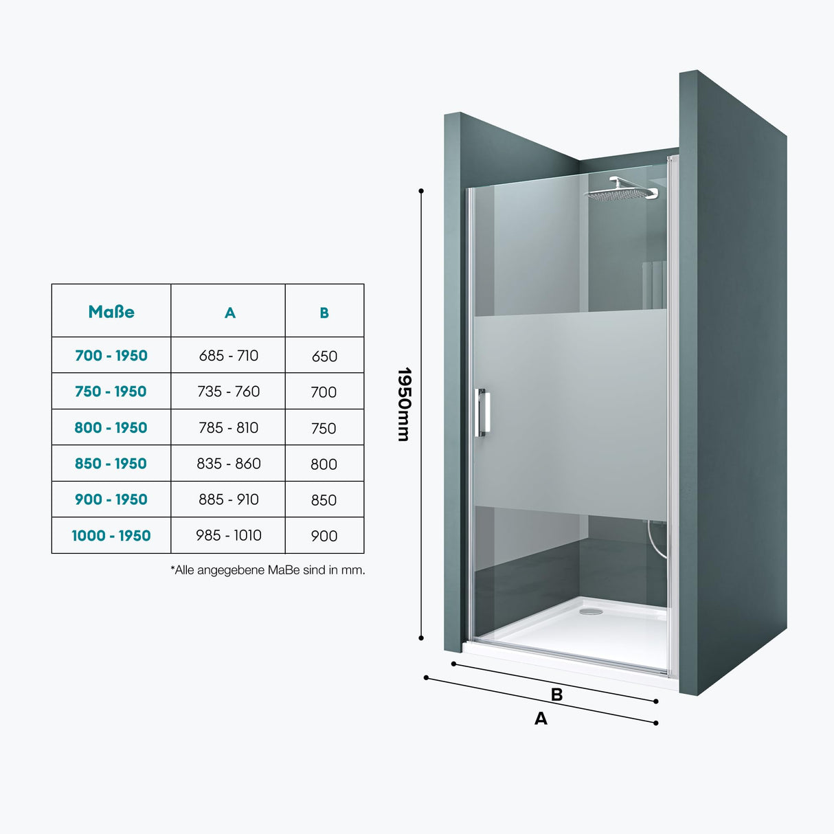 glasvilla Puerta de ducha Puerta de nicho Ducha Separación de ducha Cabina de ducha Puerta oscilante 180° vidrio de seguridad ESG con mecanismo de elevación y descenso vidrio claro y satinado rayas Teramo24K+MS D Nuevo