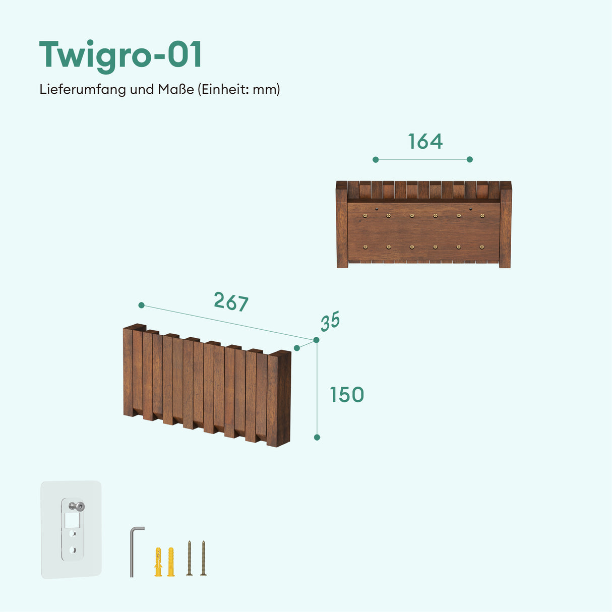 glasvilla Appendiabiti da Parete in Legno, Attaccapanni da Muro Moderno per Camera da Letto, Ingresso, Studio con Gancio Pieghevole e Salvaspazio, Twigro-01