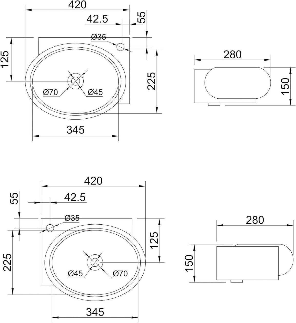 glasvilla Waschbecken Gäste WC Aufsatzwaschbecken Hängewaschbecken aus Keramik mit NANO, BTH: 42x28x15cm, Brüssel001