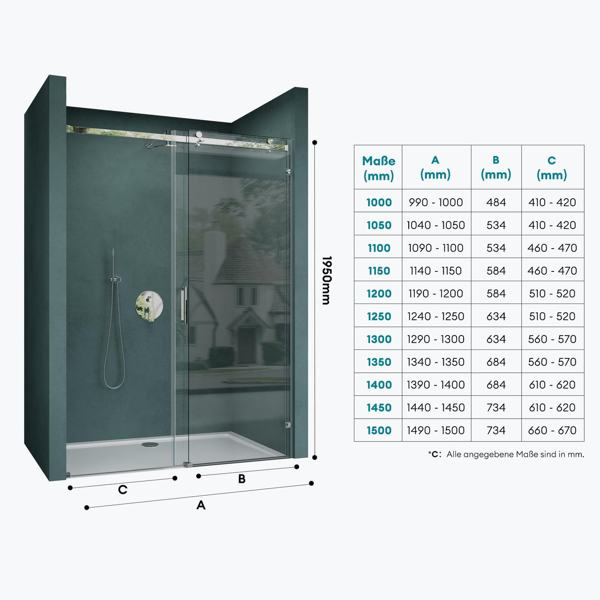 glasvilla Duschtür Nischentür dusche Duschabtrennung Duschkabine Schiebetür 8mm ESG in Klarglas mit NANO 4-Punktbefestigung Teramo04-2