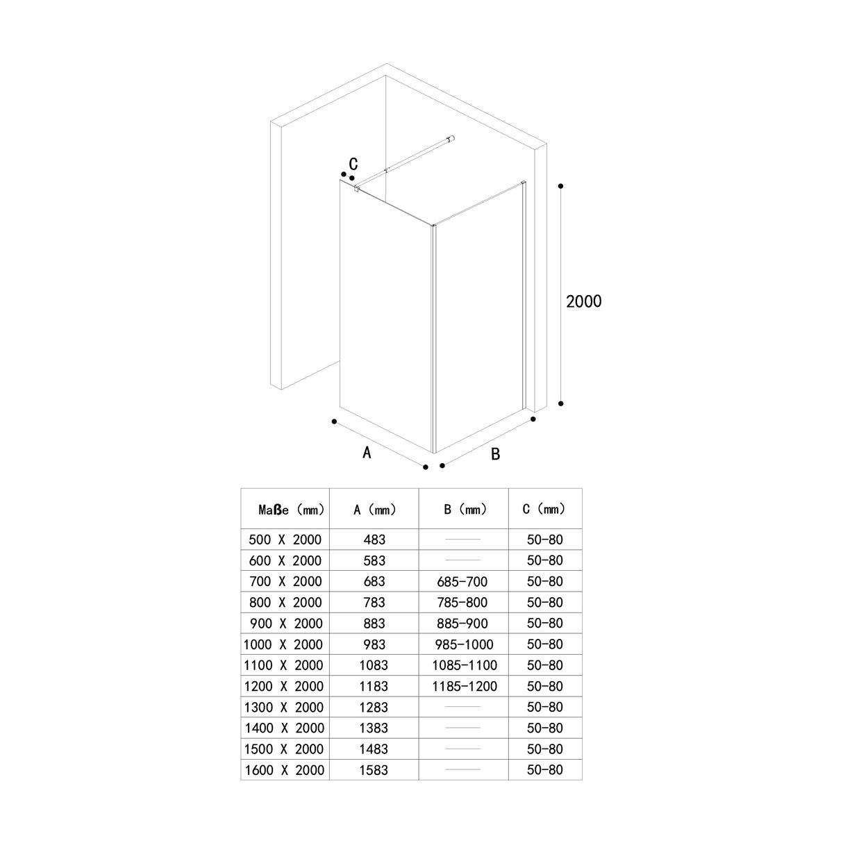 glasvilla Mampara de ducha Separación de ducha Ducha Walk-In 8mm Cristal claro ESG-Vidrio de seguridad con recubrimiento nano Estabilizador rectangular BremenL