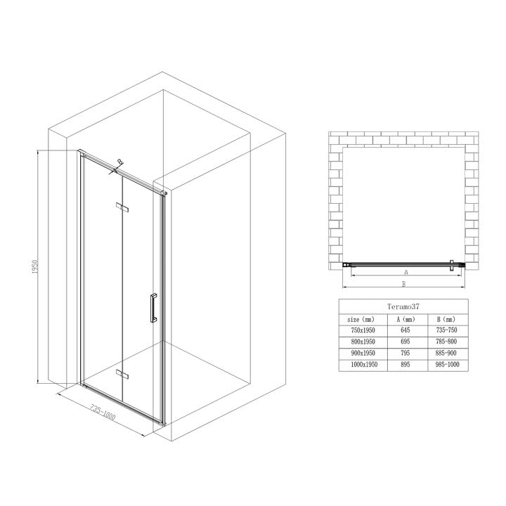 glasvilla Puerta de ducha Puerta de nicho ducha Separación de ducha Cabina de ducha Pared de ducha 8mm Vidrio claro ESG-Vidrio de seguridad con recubrimiento nano Teramo37K