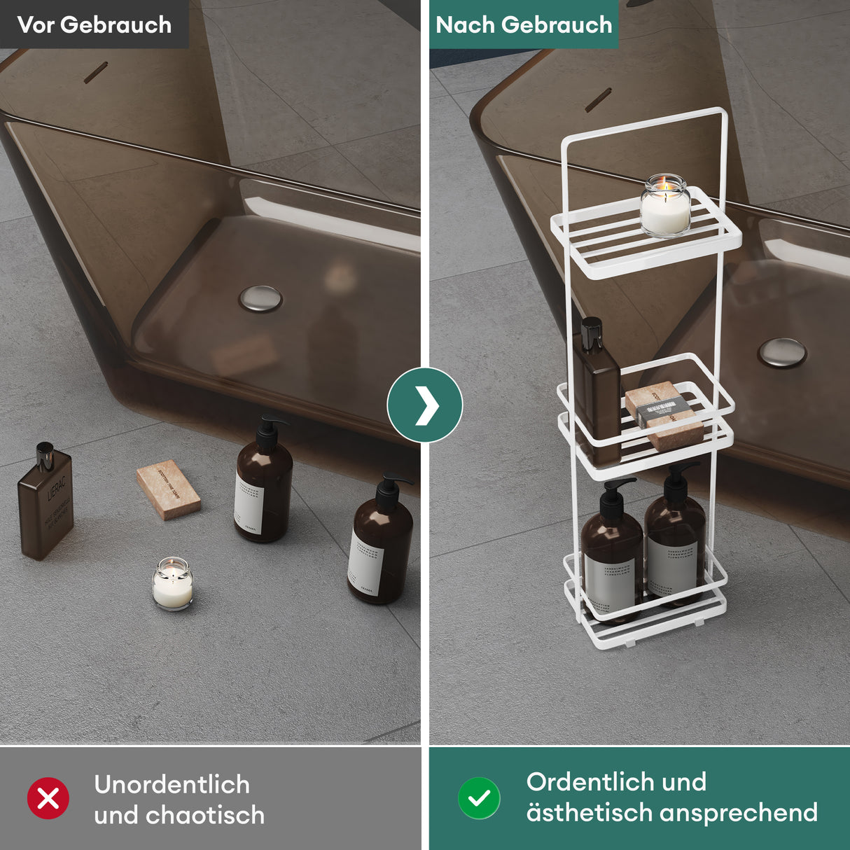 glasvilla Scaffale da Bagno di 3 Livelli 18x12.5x67.3cm, Scaffale Portaoggetti in Metallo Robusto con 4 Piedini Antiscivolo per Doccia, Reglo-02