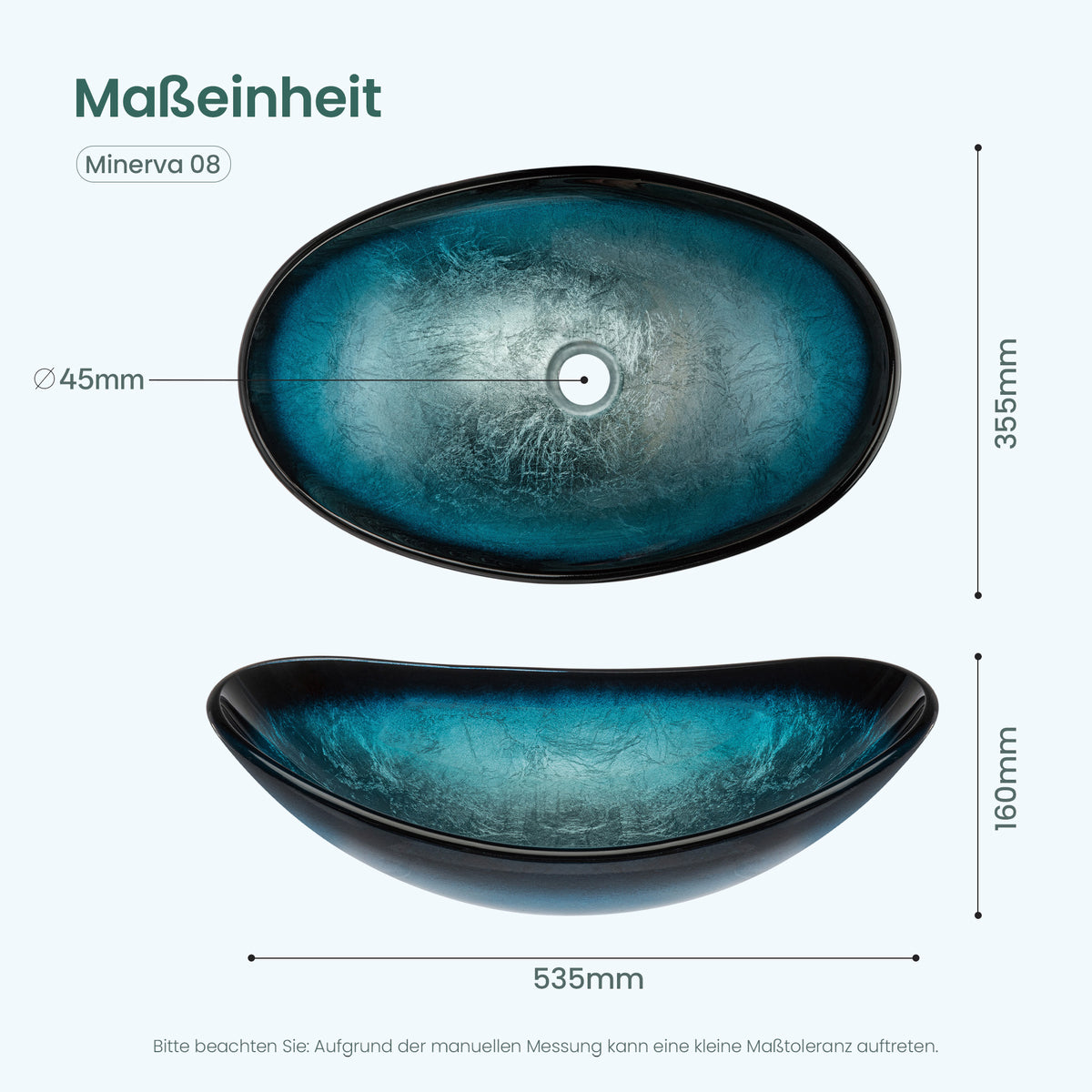 glasvilla Waschbecken Glas Aufsatzwaschbecken Glaswaschbecken Handwaschbecken Waschschale Oval Minerva08