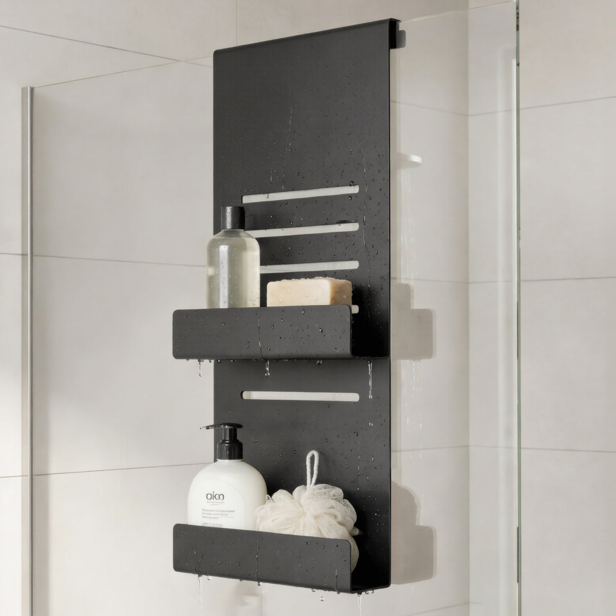 glasvilla Duschablage zum Hängen, Duschregal Ohne Bohren für Glasduschtüren, Hängeregal mit 2 Etagen und 3 Haken, Badezimmer Organizer Oryne-01