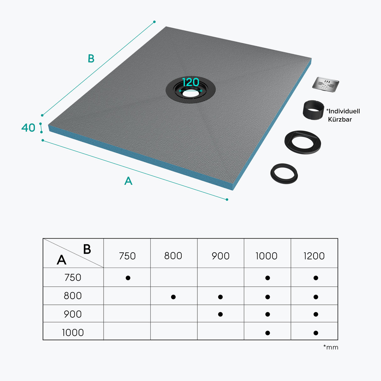 elemento de ducha glasvilla, tablero de ducha befliesbar, elementos de ducha con canal, plato de ducha a ras de suelo, placa de pendiente XPS