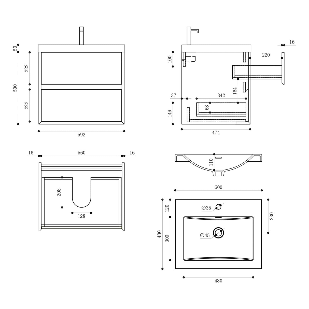 conjunto de muebles de baño glasvilla mueble de lavabo armario con 2 cajones con cierre suave incluido lavabo en gris antracita mate de mineral fundido Rimo