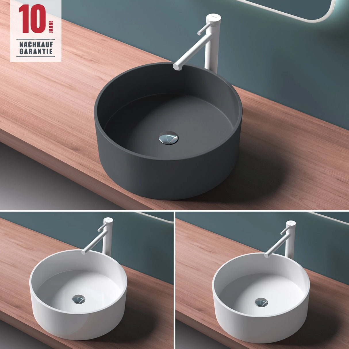 glasvilla 40x40x15cm Waschbecken rund Col804 Aufsatzwaschbecken ohne Hahnloch und Überlauf