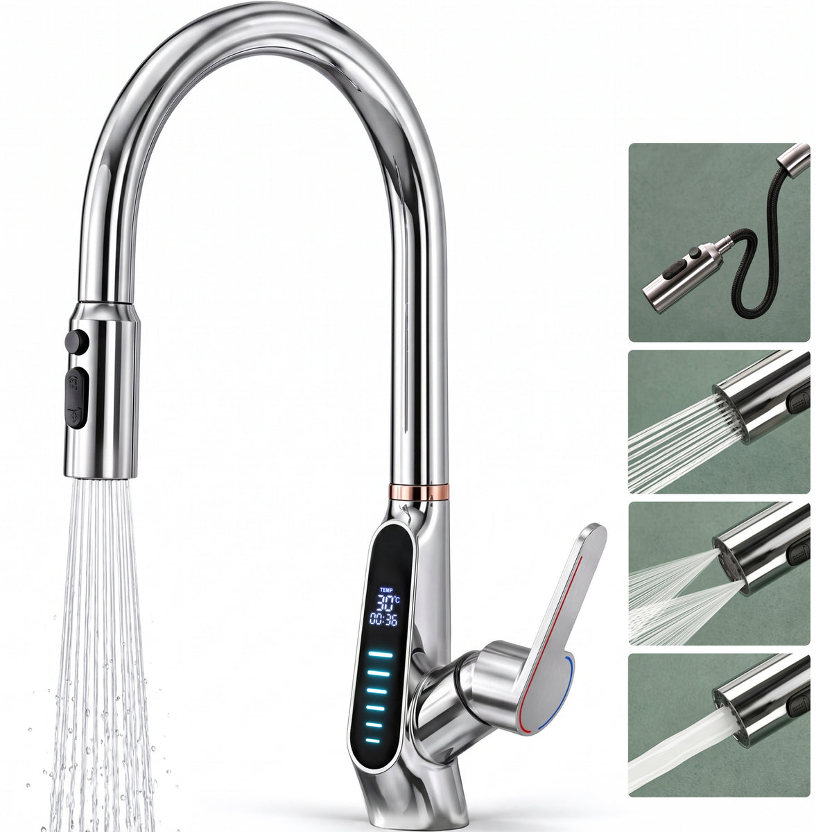 glasvilla Rubinetto da Cucina Estraibile con 3 Modalità e di Getto e Display digitale a LED Rubinetto per Lavello con Tubi e Accesorri Ruotabile a 360° MS-8085