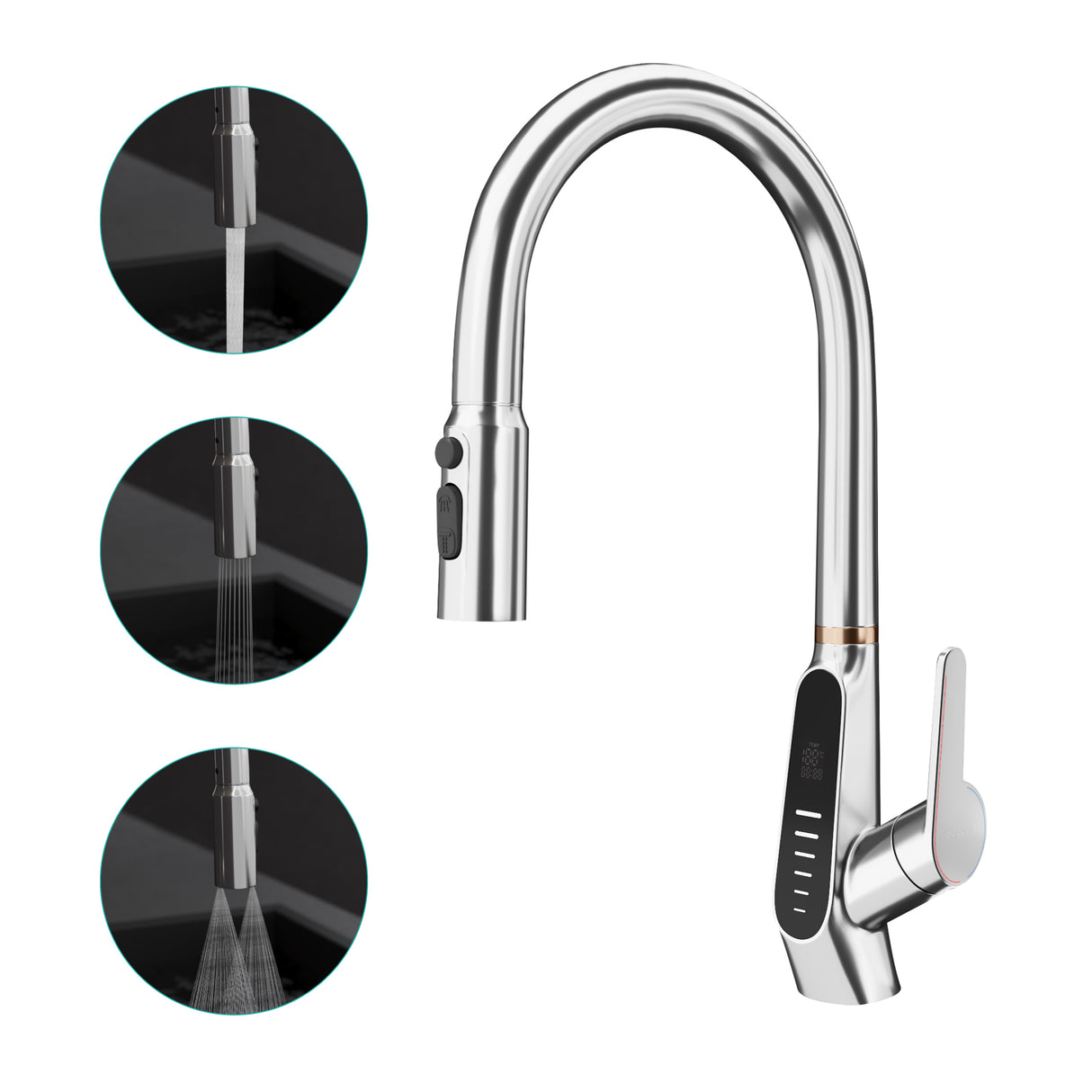 grifos de cocina Glasvilla grifo de cocina extraíble 360° giratorio 3 modos de chorro de agua pantalla digital LED grifo de cocina grifo de fregadero MS-8085