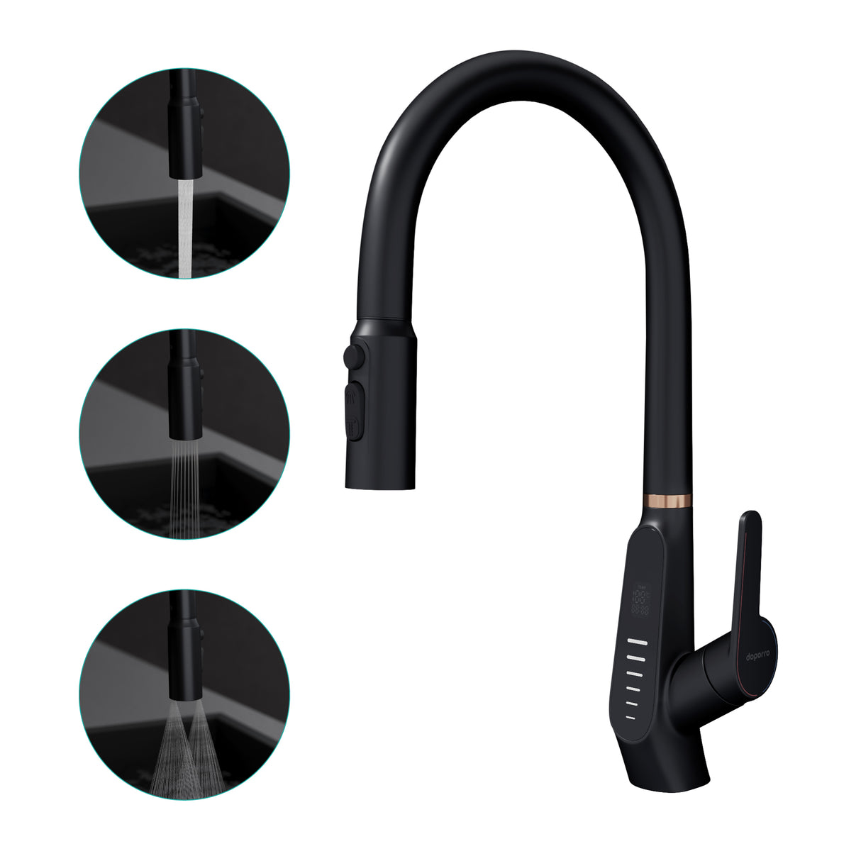 grifos de cocina Glasvilla grifo de cocina extraíble 360° giratorio 3 modos de chorro de agua pantalla digital LED grifo de cocina grifo de fregadero MS-8085