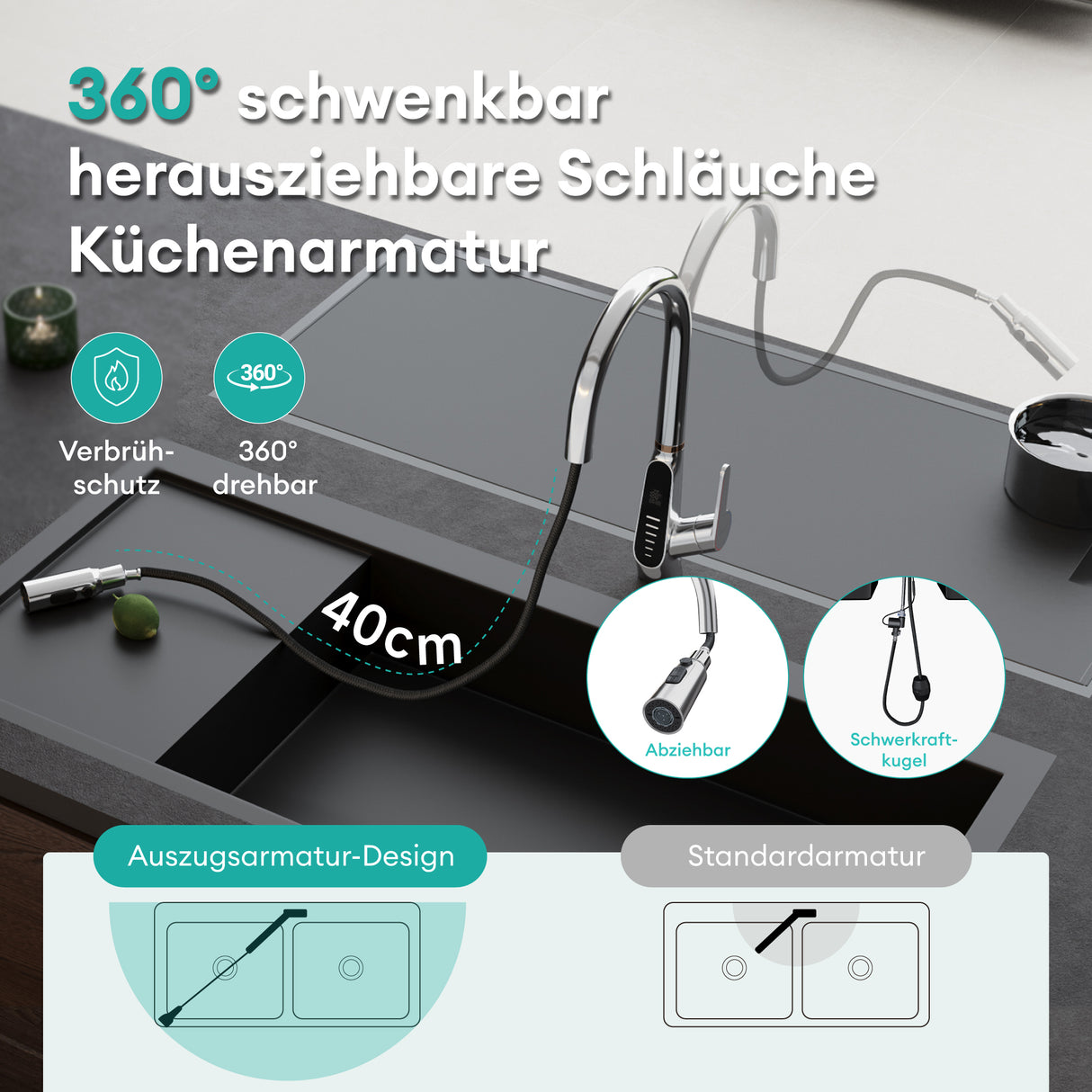 grifos de cocina Glasvilla grifo de cocina extraíble 360° giratorio 3 modos de chorro de agua pantalla digital LED grifo de cocina grifo de fregadero MS-8085