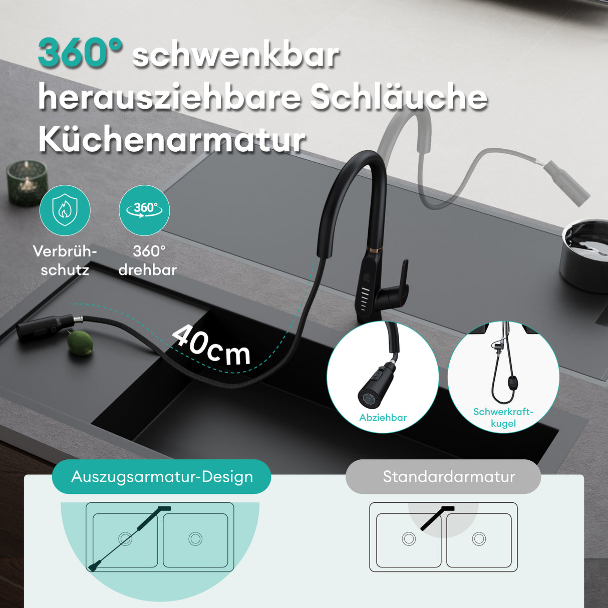 grifos de cocina Glasvilla grifo de cocina extraíble 360° giratorio 3 modos de chorro de agua pantalla digital LED grifo de cocina grifo de fregadero MS-8085