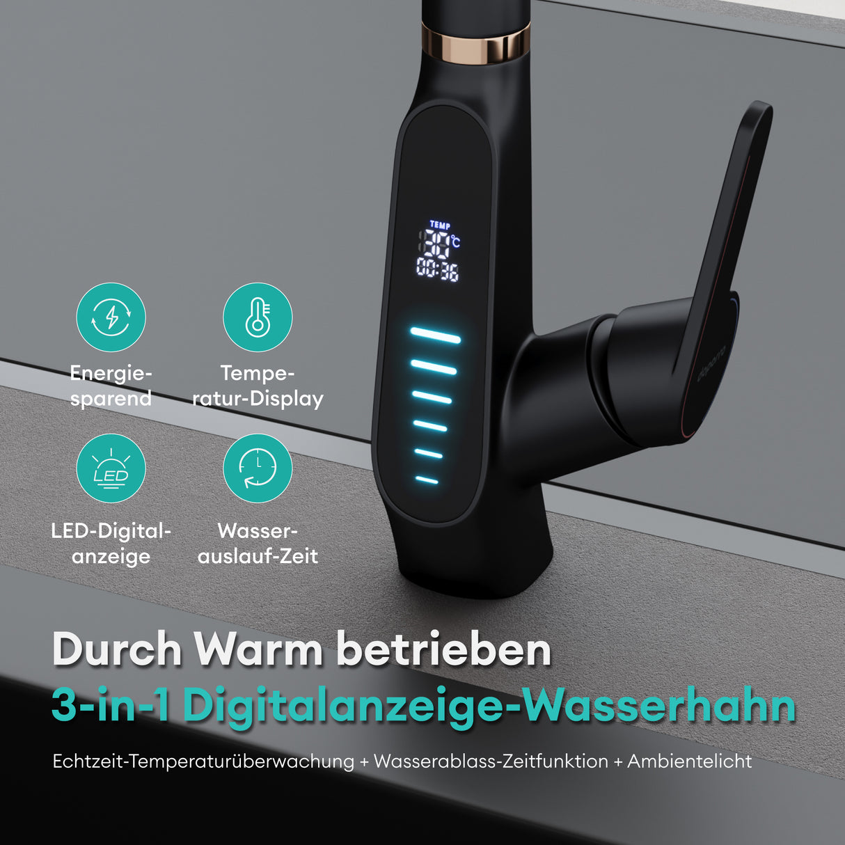 grifos de cocina Glasvilla grifo de cocina extraíble 360° giratorio 3 modos de chorro de agua pantalla digital LED grifo de cocina grifo de fregadero MS-8085