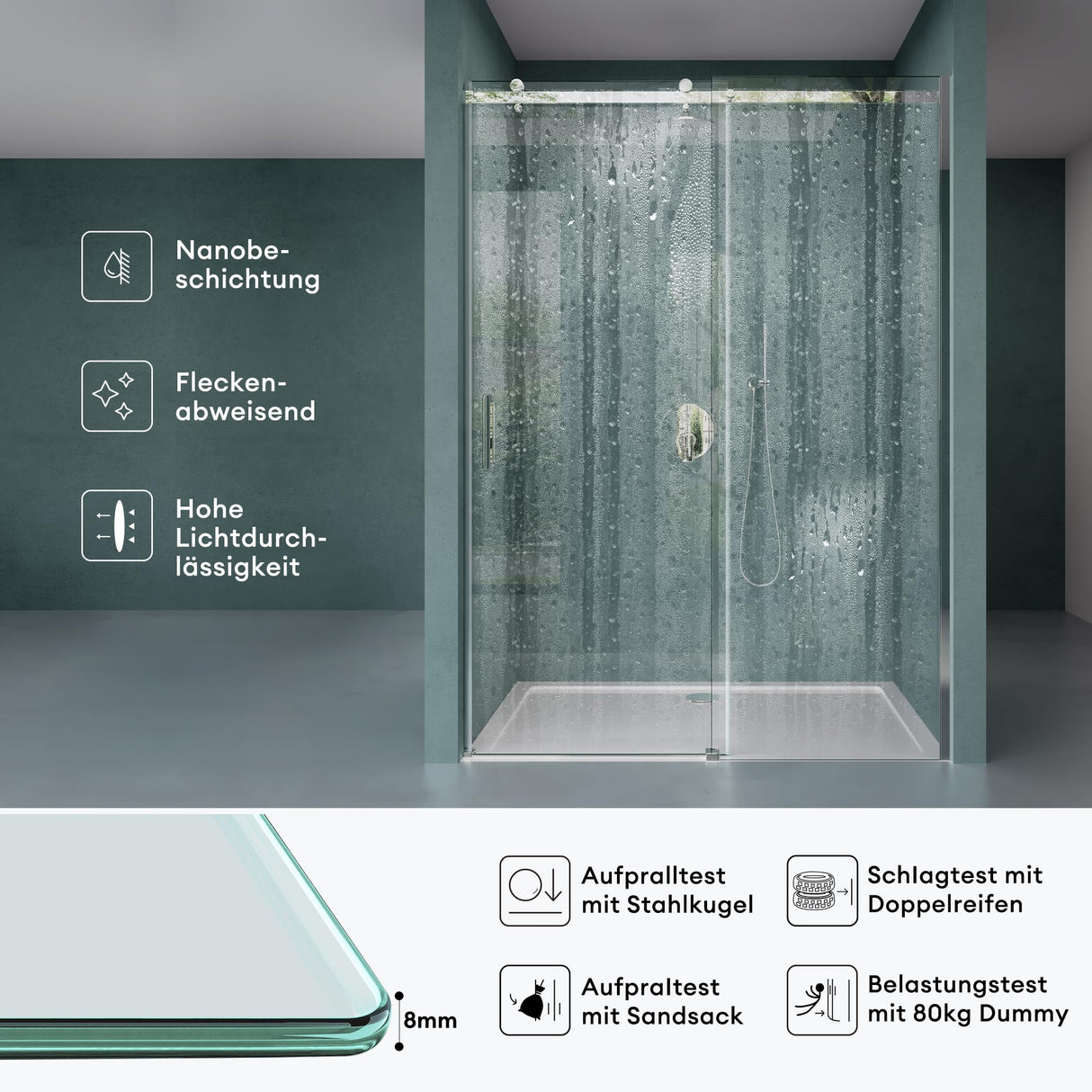 glasvilla Duschtür Nischentür dusche Duschabtrennung Duschkabine 8mm Sicherheitsglas mit Nanobeschichtung Schiebetür Höhe:195cm Teramo04