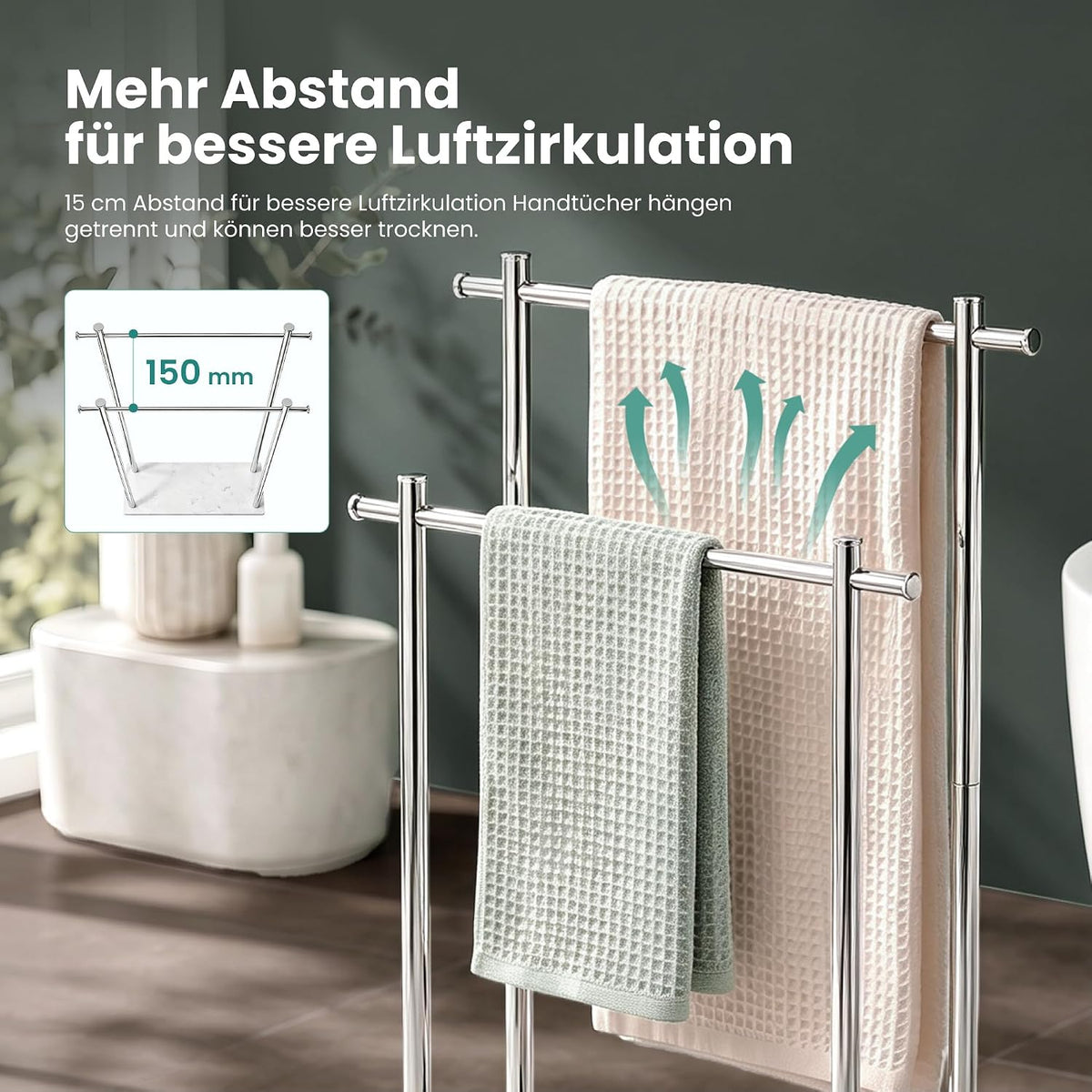 glasvilla Handtuchständer freistehend mit 2 Stangen, Handtuchhalter stehend Handtuchhalter ohne Bohren 55 × 20 × 82,5 , Edelstahl, Mineralstein-Sockel mit Ablage, Tavrin-09