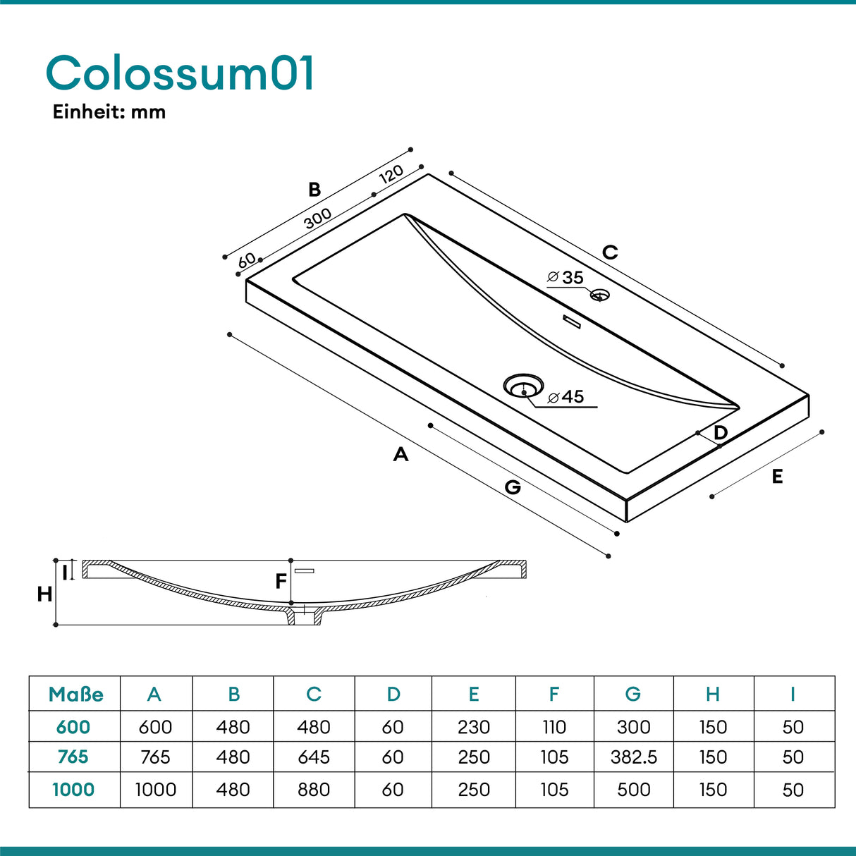 Lavabo Glasvilla Col01 Mineral Cast Rectangular con Desbordamiento y Orificio para Grifo