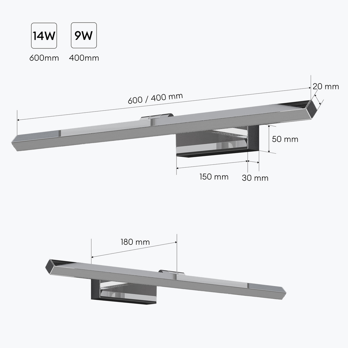 Lampe de salle de bain LED pour miroir Glasvilla | Lampe miroir, lampe de salle de bain 4000K | 9 W rotatif à 180° d'une beauté radieuse