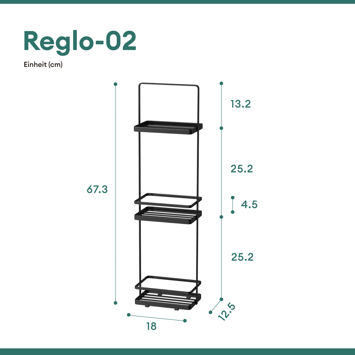 glasvilla Scaffale da Bagno di 3 Livelli 18x12.5x67.3cm, Scaffale Portaoggetti in Metallo Robusto con 4 Piedini Antiscivolo per Doccia, Reglo-02