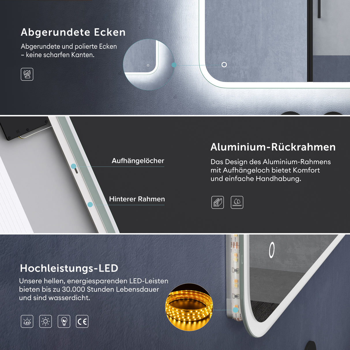 glasvilla Wandspiegel Badezimmer Spiegel LED Bad-Spiegel mit Touchschalter, Beschlagfrei durch Antifog-Schicht