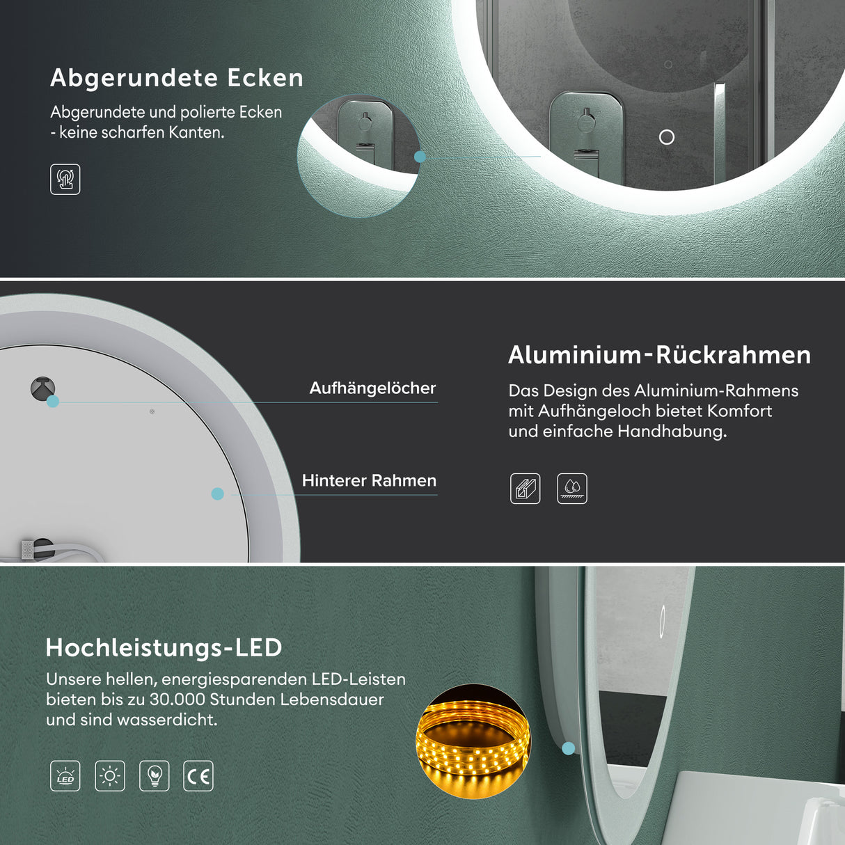 glasvilla Espejo de pared Espejo de baño LED espejo redondo con luz LED Espejo de baño con interruptor táctil, Antivaho gracias a la capa Antifog Espejo LED 05