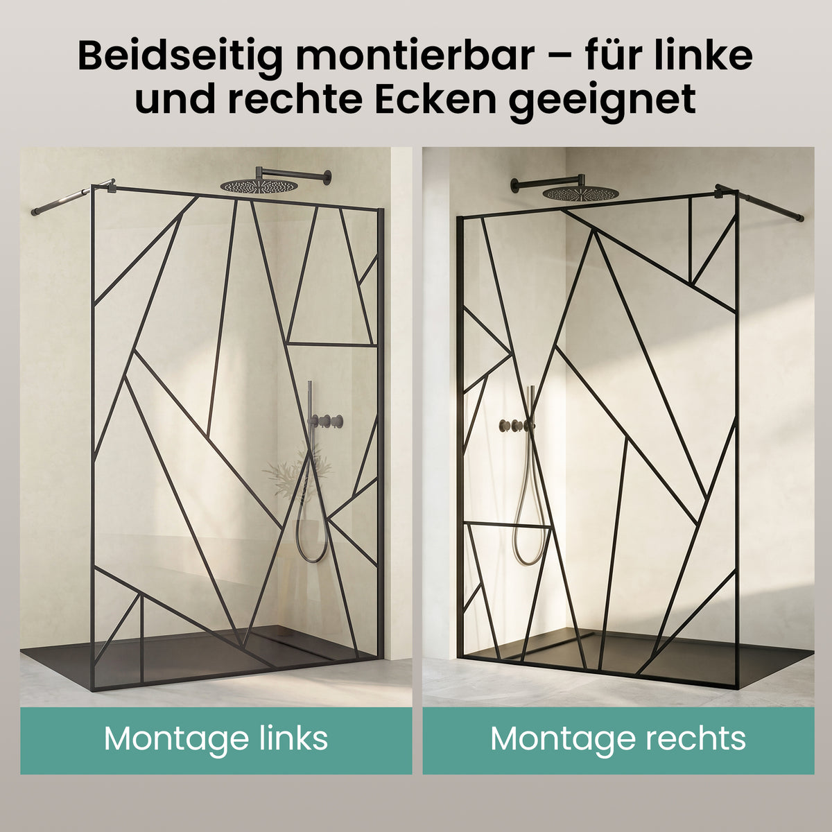 glasvilla Duschwand für Dusche Duschabtrennung Walk-In Dusche Duschtrennwand Schwarz 8mm ESG-Sicherheitsglas NANO Klarglas mit geometrischem Design MMBR3 Bremen01Plus-GM