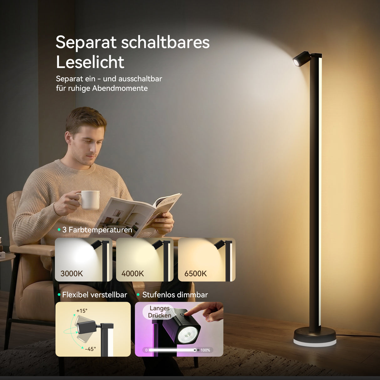 glasvilla Wohnzimmer Dimmbar mit Leselampe, RGBICWW LED Stehlampe mit Warmweiß & 16 Mio. Farben, App & Fernbedienung, 270° Licht, Musik-Sync, für Schlafzimmer Gaming, Lineora-02