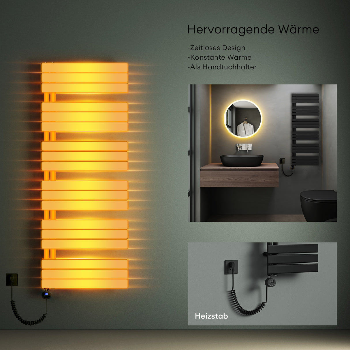 glasvilla Badheizkörper Elektrisch Seitenanschluss Handtuchheizkörper Handtuchhalter Handtuchwärmer Badheizung FN mit Heizstab 02