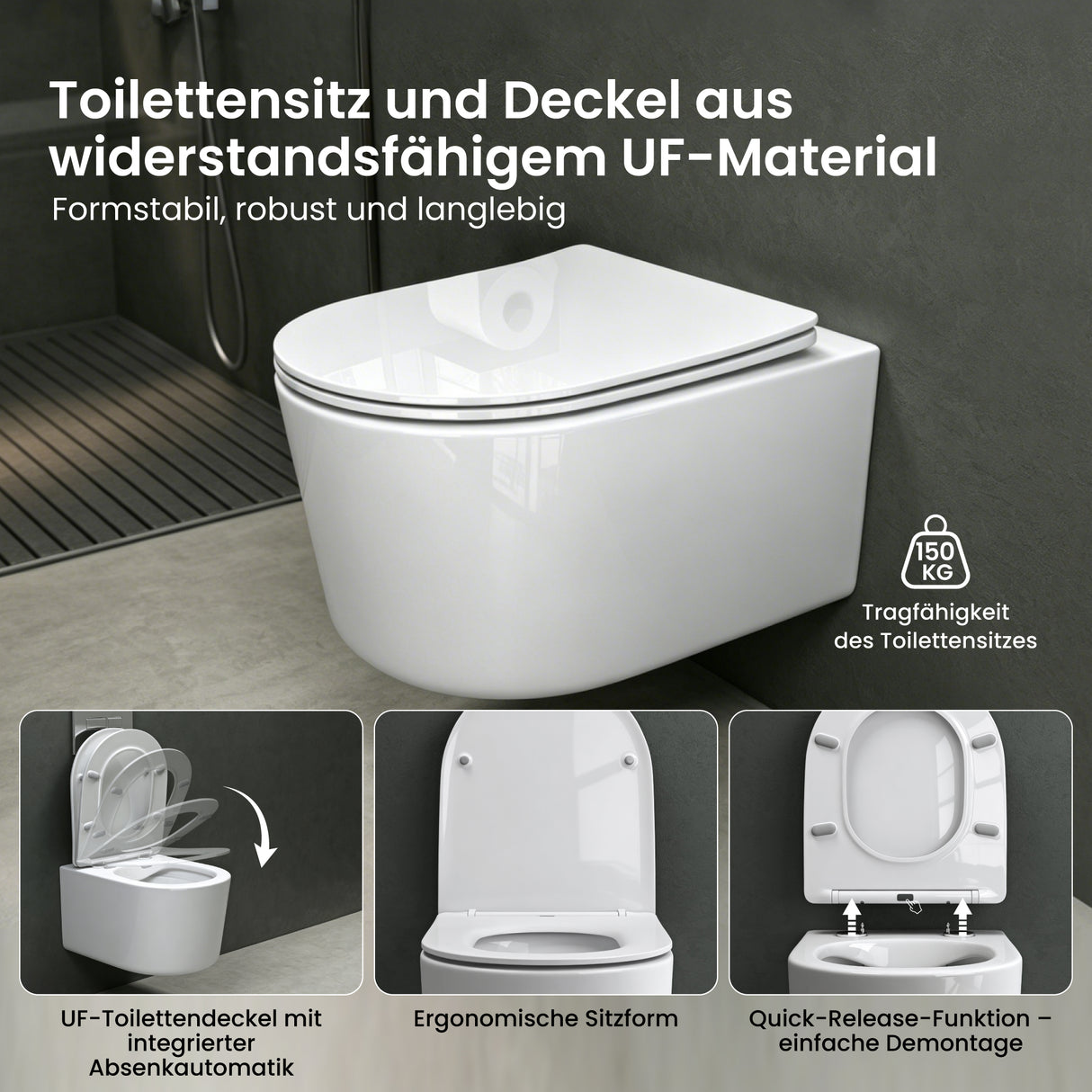 glasvilla Hänge WC Toilette Wand-WC Spülrandlos Weiß aus Keramik Wandmontage mit Absenkautomatik
