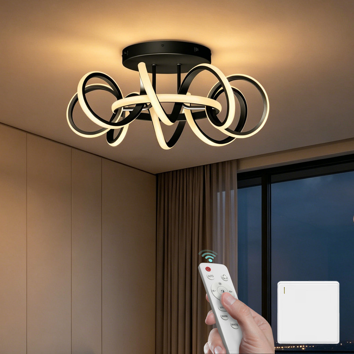 glasvilla Deckenlampe, dimmbar 3000-6400K,mit Fernbedienung | LED Deckenleuchte,112W Schwarz,Moderne,für Schlafzimmer, Wohnzimmer, Kinderzimmer Nuvora06