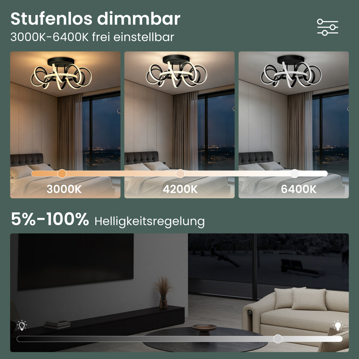 glasvilla Deckenlampe, dimmbar 3000-6400K,mit Fernbedienung | LED Deckenleuchte,112W Schwarz,Moderne,für Schlafzimmer, Wohnzimmer, Kinderzimmer Nuvora06