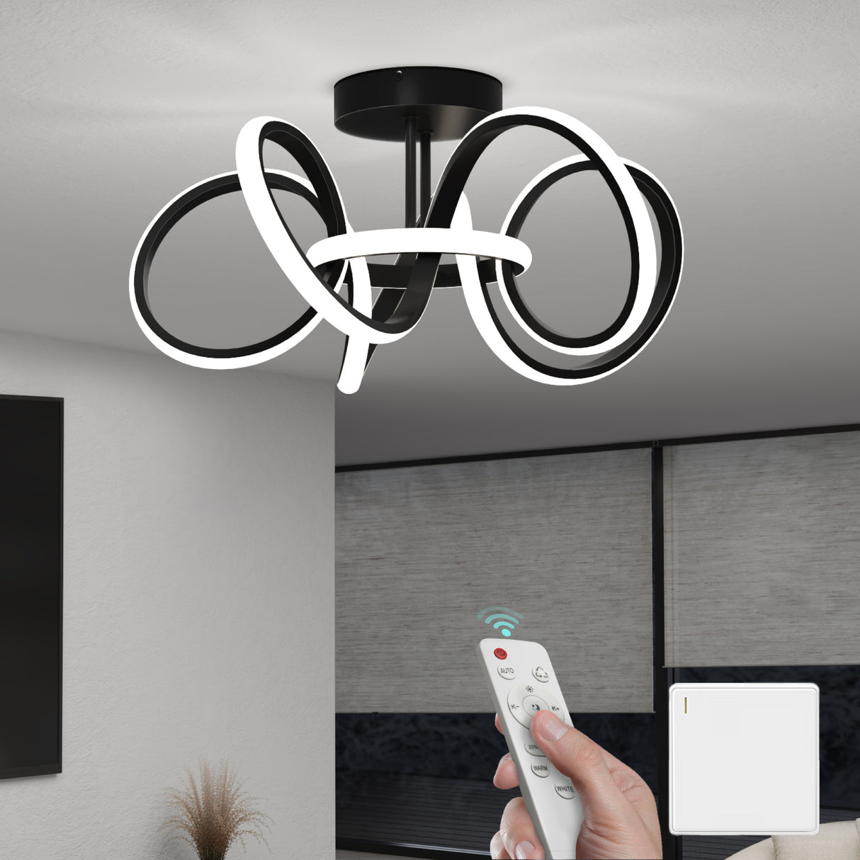 glasvilla Plafoniera LED Soffitto 65W 3740LM, Illuminazione a Soffitto Moderna 3000K - 6400K per Camera da Letto Sala Cucina Bagno Corridoio, Nero