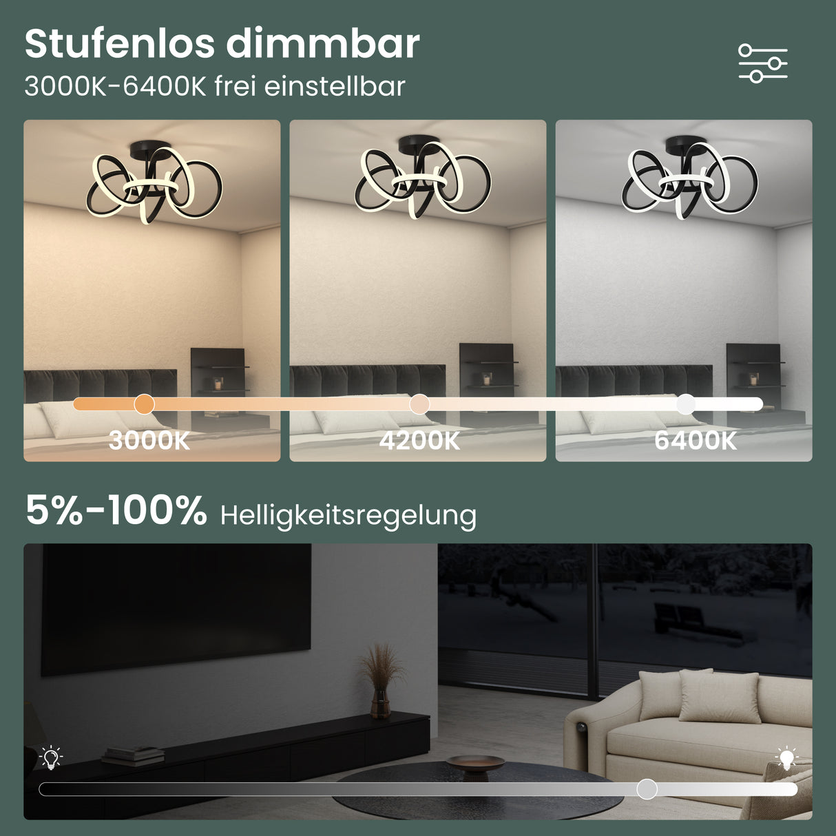 glasvilla Plafoniera LED Soffitto 65W 3740LM, Illuminazione a Soffitto Moderna 3000K - 6400K per Camera da Letto Sala Cucina Bagno Corridoio, Nero