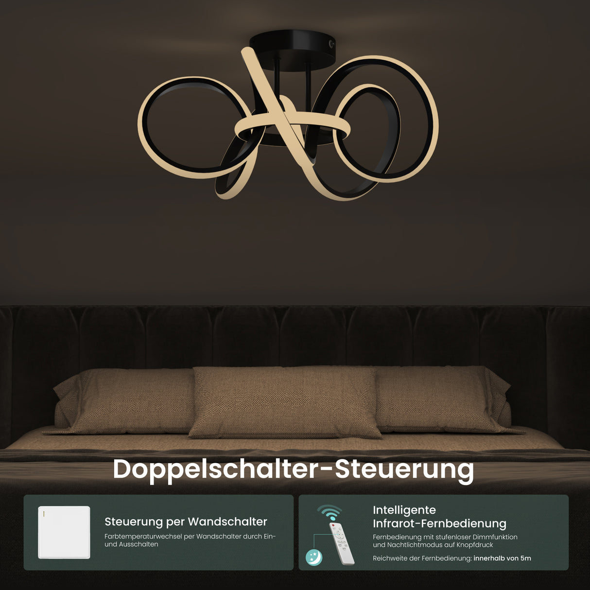 glasvilla Plafoniera LED Soffitto 65W 3740LM, Illuminazione a Soffitto Moderna 3000K - 6400K per Camera da Letto Sala Cucina Bagno Corridoio, Nero