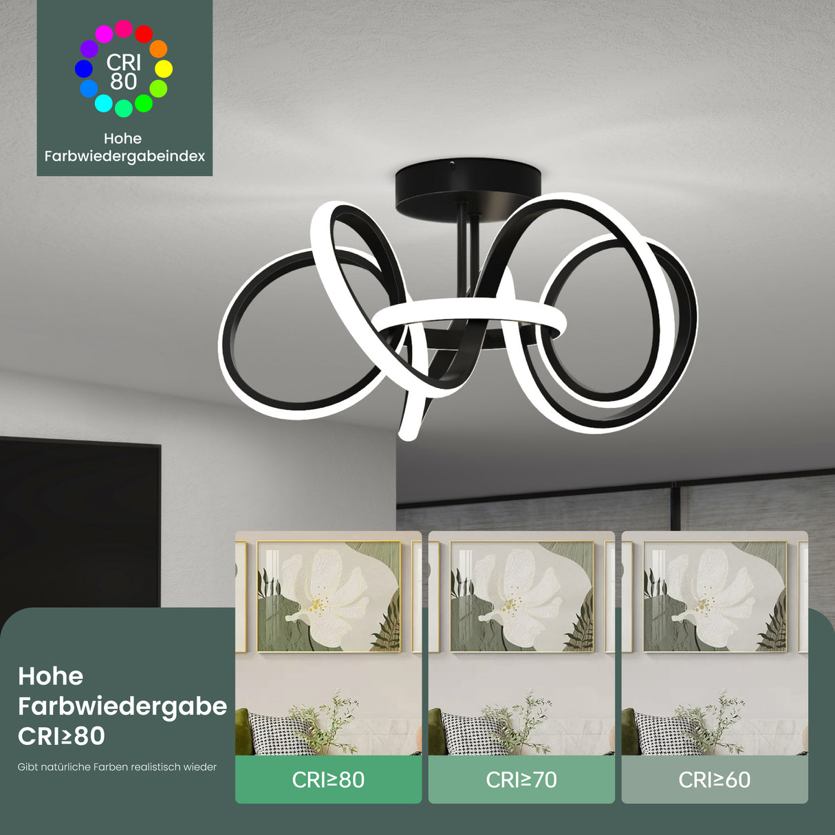 glasvilla Plafoniera LED Soffitto 65W 3740LM, Illuminazione a Soffitto Moderna 3000K - 6400K per Camera da Letto Sala Cucina Bagno Corridoio, Nero