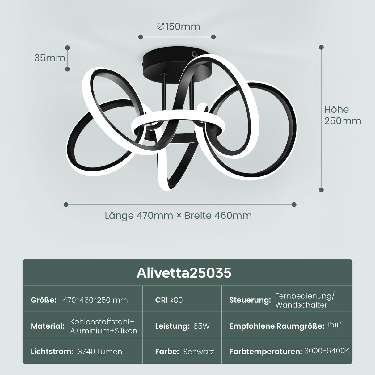 glasvilla Plafoniera LED Soffitto 65W 3740LM, Illuminazione a Soffitto Moderna 3000K - 6400K per Camera da Letto Sala Cucina Bagno Corridoio, Nero