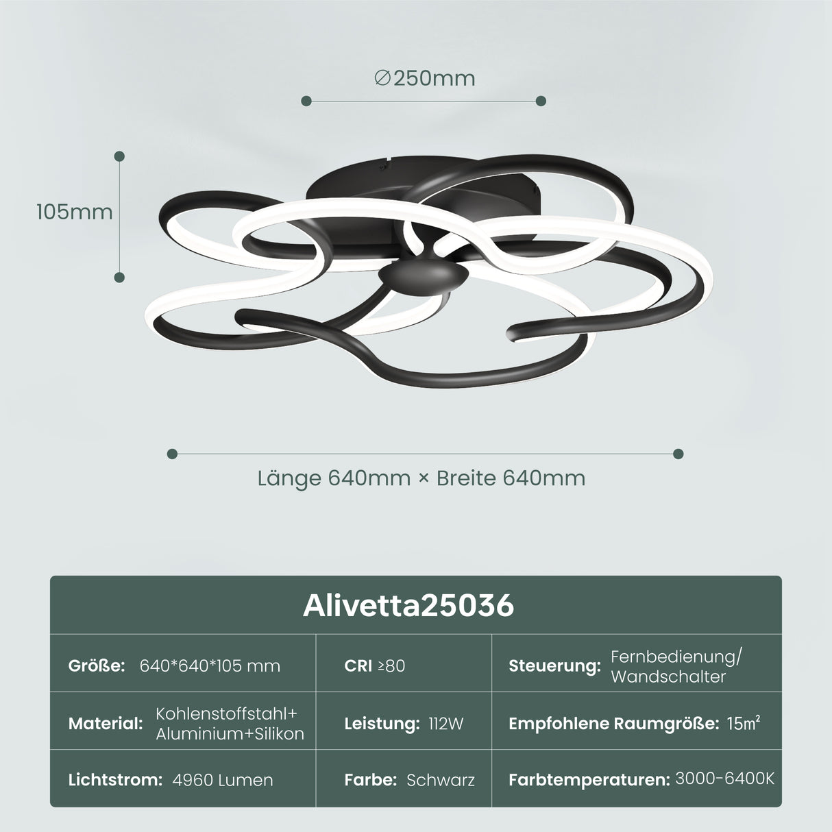 glasvilla Plafoniera LED Soffitto 112W 4960LM, Lampadario LED Soffitto 3000K - 6400K Illuminazione a Soffitto Moderna per Camera da Letto Sala Cucina Bagno Corridoio, Nero, Alivetta25036