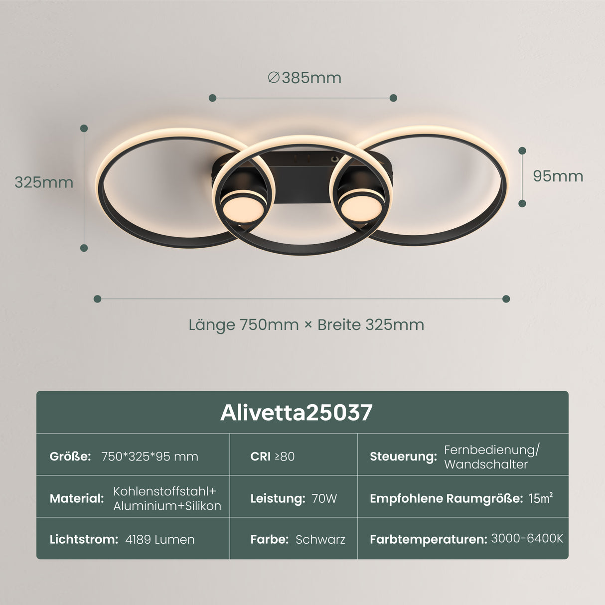 glasvilla Plafoniera LED Soffitto 70W 4189LM, Lampadario LED Soffitto 3000K - 6400K Illuminazione a Soffitto Moderna per Camera da Letto Sala Cucina Bagno Corridoio, Nero, Alivetta25037