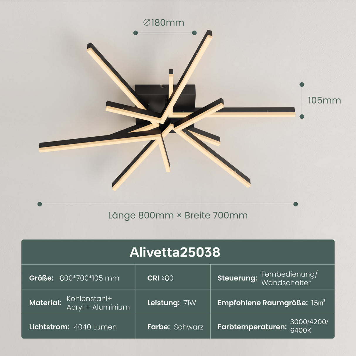 glasvilla Plafoniera LED Soffitto 71W, Lampadario LED Soffitto 3000K - 6400K Illuminazione a Soffitto Moderna per Camera da Letto Sala Cucina Bagno Corridoio, Nero Sabbia, Alivetta25038