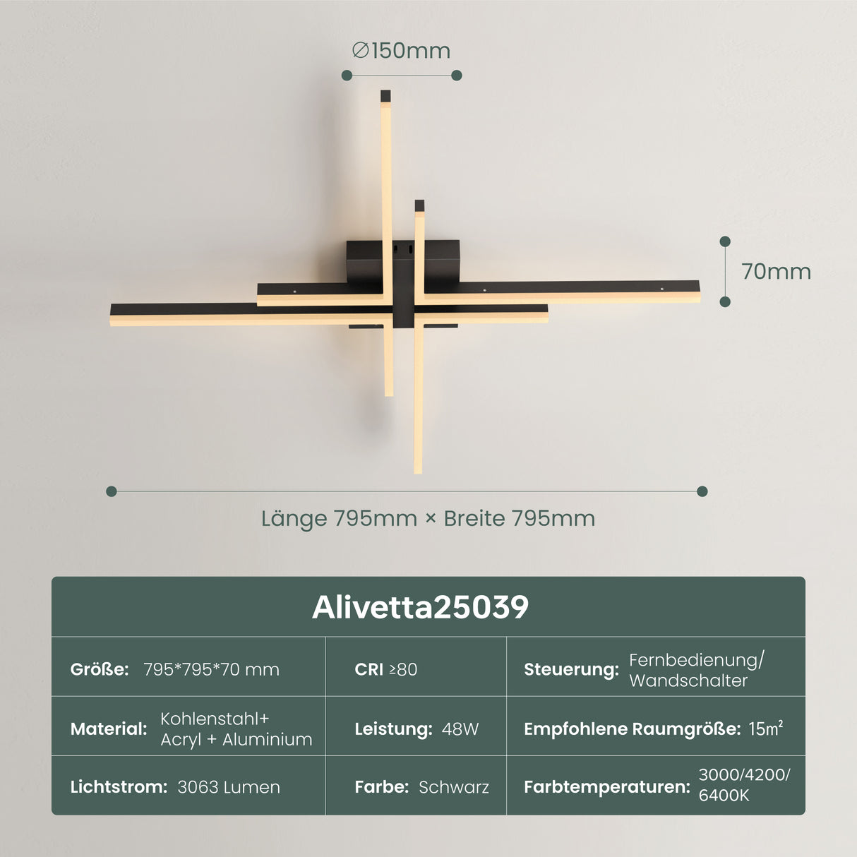 glasvilla Plafoniera LED Soffitto 48W, Lampadario LED Soffitto 3000K - 6400K Illuminazione a Soffitto Moderna per Camera da Letto Sala Cucina Bagno Corridoio, Nero Sabbia, Alivetta25039